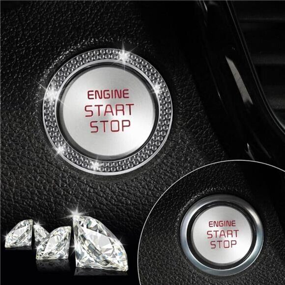 Car Start Button Bling Rhinestone Diamond Button Ring 2-Pack Double Glossy Black - Picture 6 of 7